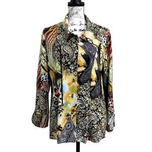 IC Collection Womens Button Up Top Jacket Abstract Print Art Shiny Retro Size M